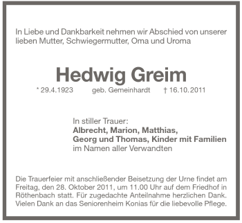 Traueranzeige von Hedwig Greim von Pegnitz-Zeitung